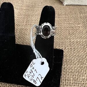 Sterling Silver Stackable Ring with Smokey Quartz Stone and a carved design